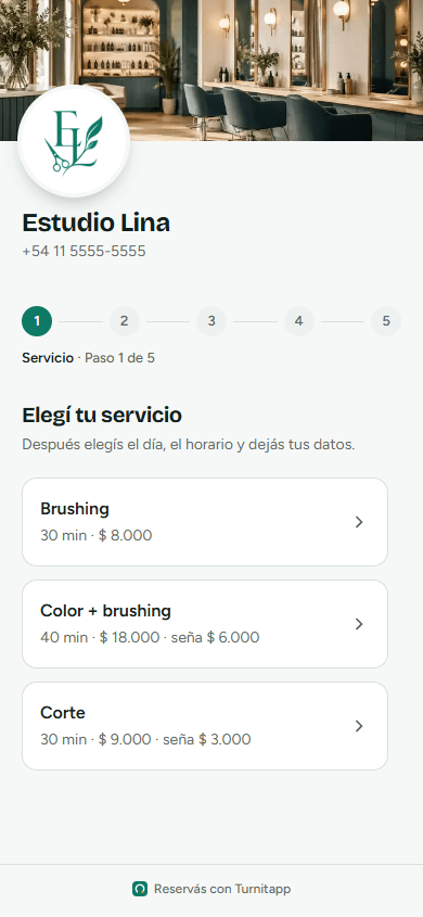 Pantalla de reserva: elegir servicio y horario en Turnitapp