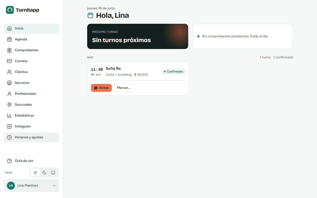 Panel del día de Turnitapp en escritorio